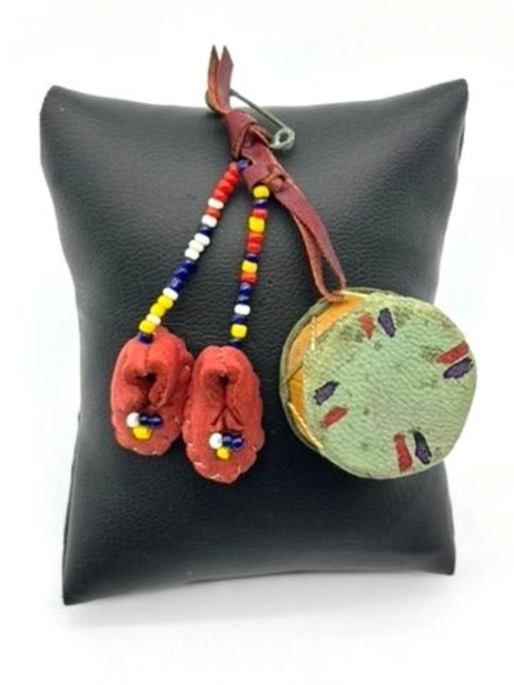 Vintage Native American Brooch Handmade & Hand Painted Miniature Moccasin & Drum - Picture 12 of 13